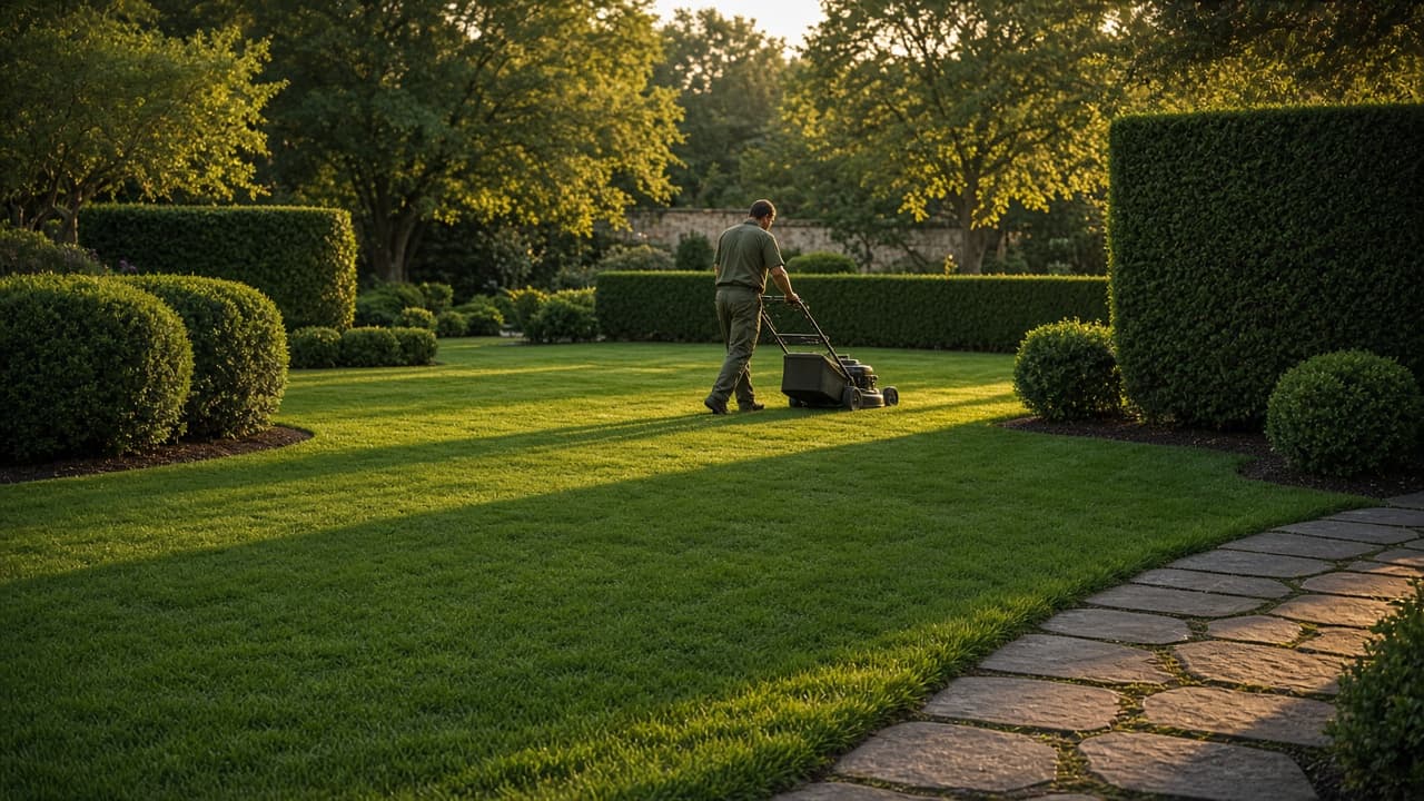 Sample photo of a cut lawn, hedges, and a stone path