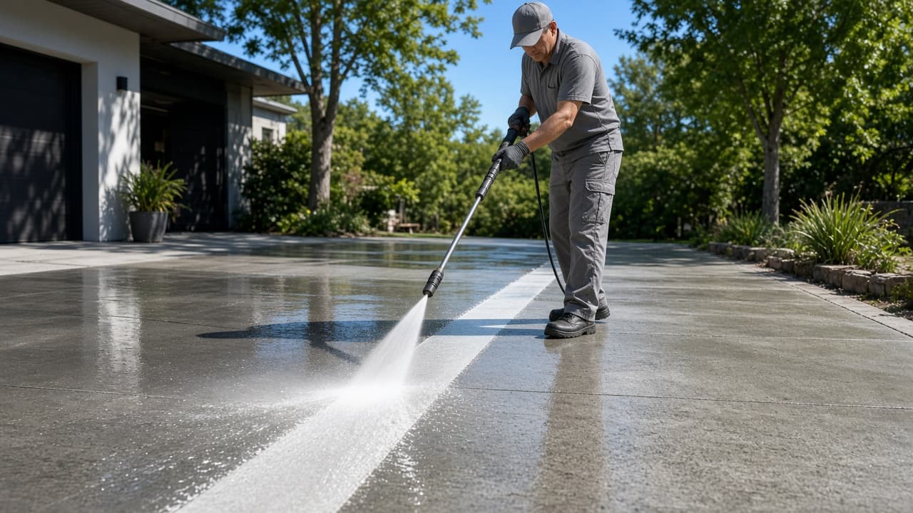 Sample photo of a house siding being rinsed with a pressure washer
