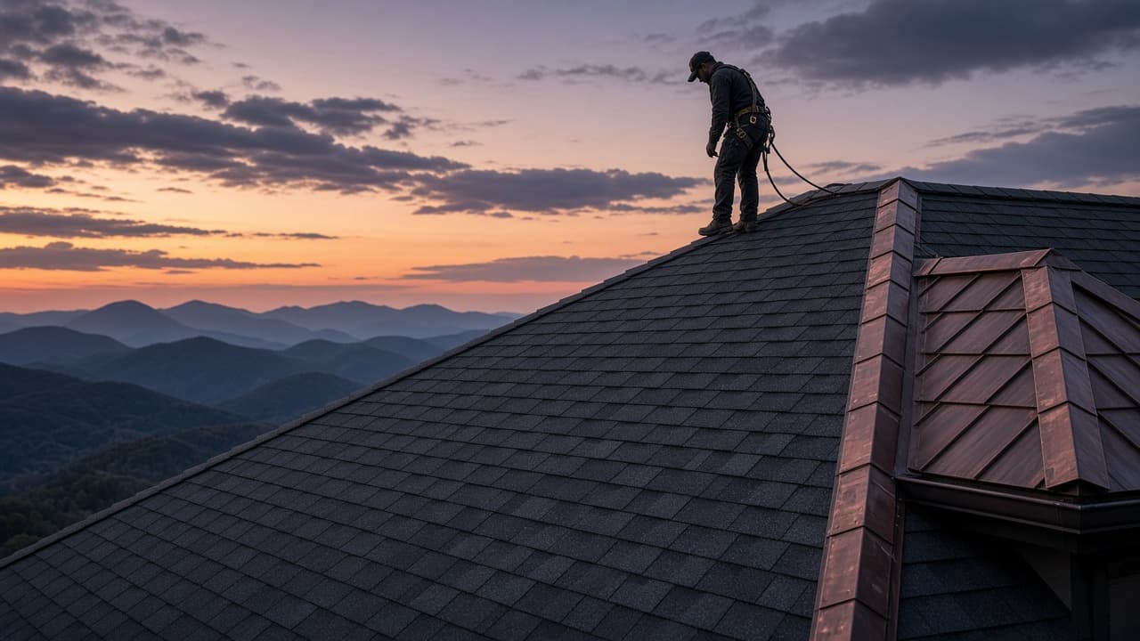 Sample photo of a steep shingle roof at dusk